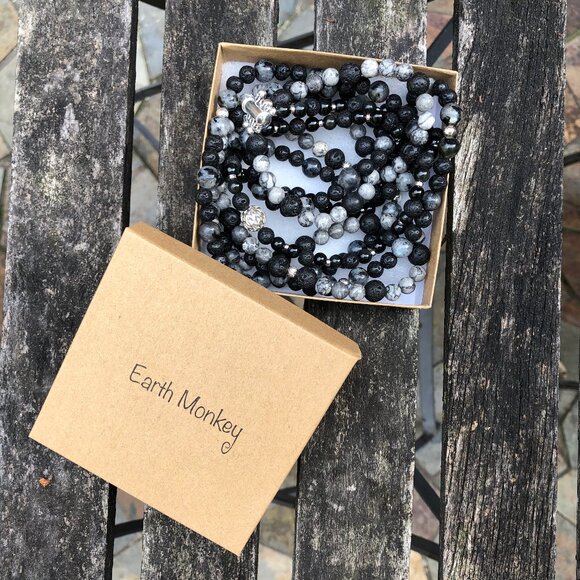 Three-strand natural stone & sterling silver beaded necklace (black/grey) - Picture 6 of 9